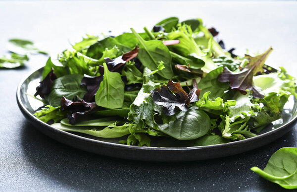 Lettuce leaves in a plate on a dark background.