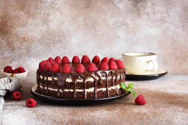 Vanilyalı ve ahududulu çikolatalı pasta.