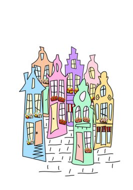 Funny coloured in pastel colors cityscape of old houses in the Dutch style and paving stones. Doodle vector illustration.
