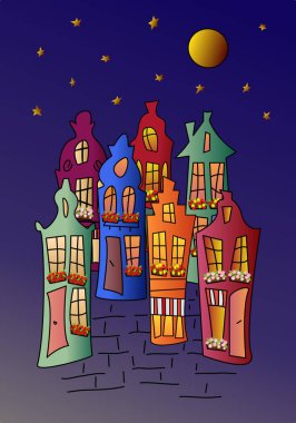 Funny coloured old houses in the Dutch style. Night cityscape with moon and stars. Doodle coloured vector illustration.