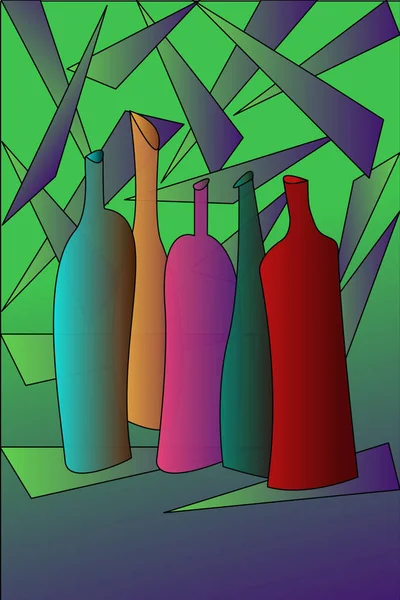 Doodle Disegno Vettoriale Illustrazione Della Composizione Bottiglie Colorate Sfondo Verde — Vettoriale Stock