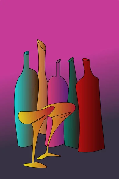 Doodle Drawing Vector Illustration Composition Colorful Bottles Typography Poster Banner — Stockový vektor