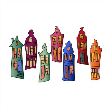  Funny coloured in pastel colors cityscape of old houses in the Dutch style and paving stones. Doodle vector illustration.