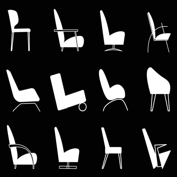 Weiße Silhouette Von Stühlen Und Sesseln Modernem Design Auf Schwarzem — Stockvektor