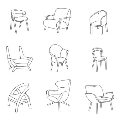 Modern tasarım koltukları ve sandalyeler. Vektör çizimi. İç dizayn. Paketleme ve tebrik kartları üzerine baskı yapmak için arkaplan çizimi