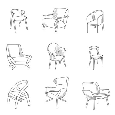 Modern tasarım koltukları ve sandalyeler. Vektör çizimi. İç dizayn. Paketleme ve tebrik kartları üzerine baskı yapmak için arkaplan çizimi
