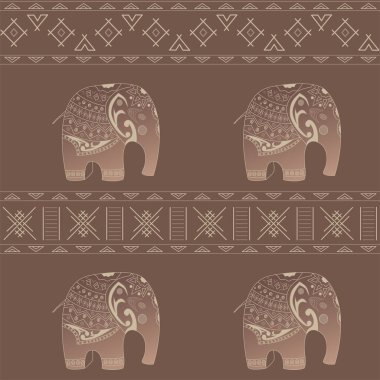 Etnik süslemeli karikatür fillerden çizilmiş kusursuz vektör desenli el. Kumaş, tekstil, ambalaj ve tebrik kartları için komik bir arkaplan