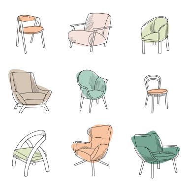 Modern tasarım koltukları ve sandalyeler. Vektör çizimi. İç dizayn. Paketleme ve tebrik kartları üzerine baskı yapmak için arkaplan çizimi