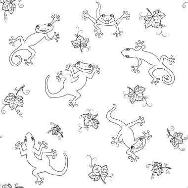 Vektör el, üzüm yapraklarının arasına komik kertenkele desenleri çizdi. Kumaş, tekstil ve tebrik kartları için komik bir arkaplan