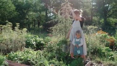 Anne ve oğlu güneşli bir günde bahçelerinde vakit geçiriyorlar. Sürdürülebilir yaşam tarzı. Bir çocuğa bitkileri öğreten kadın. Mutlu aile birlikte vakit geçiriyor. Yüksek kalite 4k görüntü