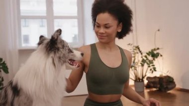 Genç siyahi kadın paspasa uzanıp tüylü köpeğiyle oynuyor. Yavru köpekle sabah meditasyonu. Evde esneme egzersizleri yapan genç bir kadın. Yüksek kalite 4k görüntü