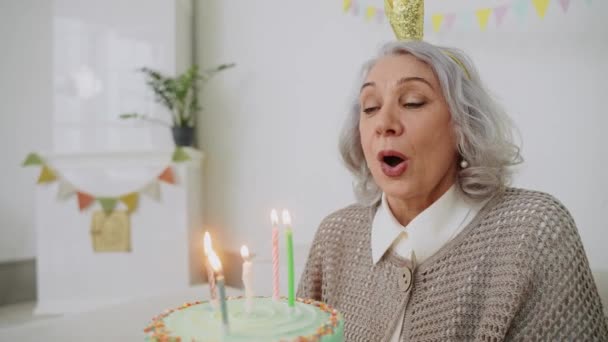 Una Anciana Sopla Una Vela Pastel Cena Cumpleaños Mira Cámara — Vídeo de stock