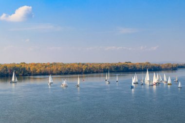 Kremenchug, Ukrayna 'daki Dinyeper Nehri' ndeki yelkenli yarışlarında yatlar