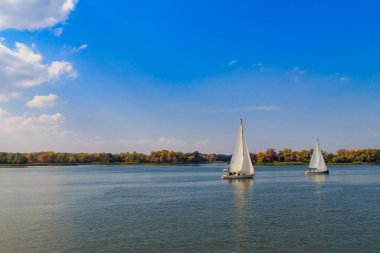 Kremenchug, Ukrayna 'daki Dinyeper Nehri' ndeki yelkenli yarışlarında yatlar