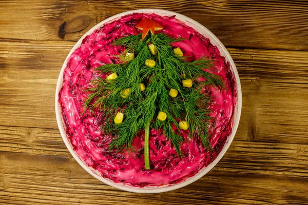 Salată Tradițională Rusă Herring Sub Haină Blană Shuba Masă Lemn — Fotografie, imagine de stoc