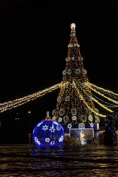 Gece Şehir Parkında Çok Renkli Işıklarla Süslenmiş Noel Ağacı — Stok fotoğraf