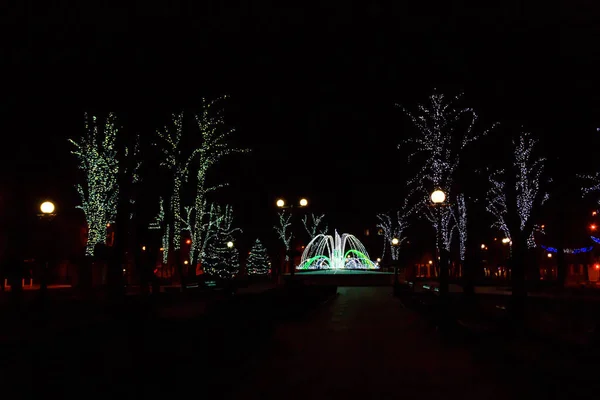 Parque Cidade Decorado Com Iluminação Ano Novo Natal — Fotografia de Stock