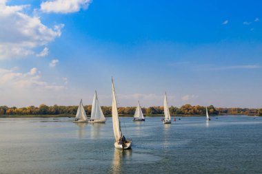Kremenchug, Ukrayna 'daki Dinyeper Nehri' ndeki yelkenli yarışlarında yatlar