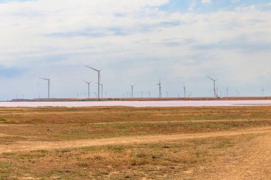 Ukrayna 'nın Kherson bölgesindeki pembe tuzlu Syvash gölünün kıyısında rüzgar türbinleri. Yenilenebilir enerji