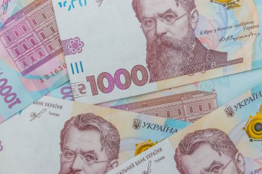 Ukrayna para birimi. Bin Hryvnia banknotunun arkaplanı