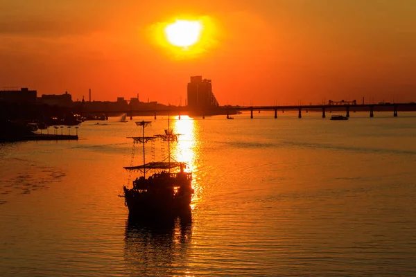 stock image Tourist ship sailing on the Dnieper river at sunset in Dnipro, Ukraine