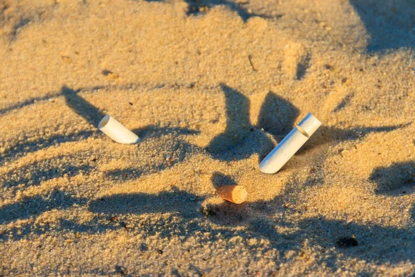 Mégots Cigarette Dans Sable Jaune Sur Plage Mer Sur Côte — Photo