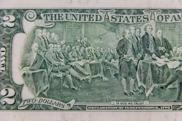 Macro Shot Declaration Independence 1776 Drawing Back Two Dollar Bill — Stockfoto