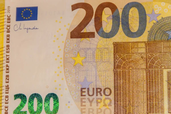 Макро Бросок Банкноты Двести Евро — стоковое фото