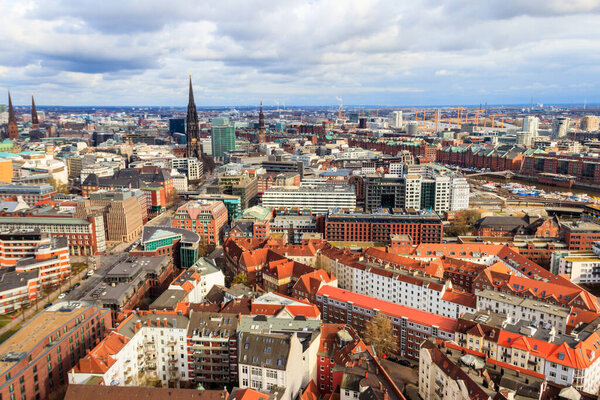 Aerial view of Hamburg city center, Germany. View from bell tower of St. Michael's Church