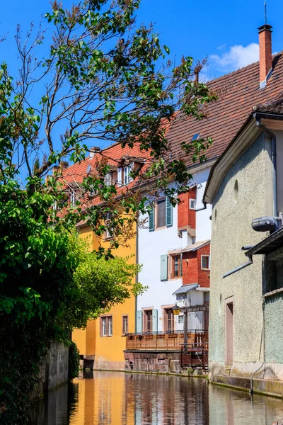 stock image Traditional colourful half-timbered houses alongside the Lauch river in Petite Venice district in Colmar, Alsace, France