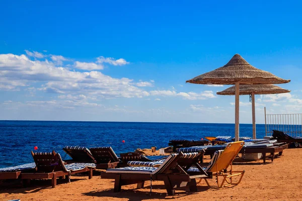 Guarda Sóis Salões Chaise Praia Tropical Conceito Descanso Relaxamento Férias — Fotografia de Stock