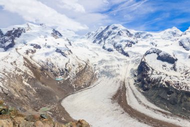 Pennine Alpleri 'nin muhteşem manzarası ünlü Gorner Buzulu ve etkileyici kar tepeli dağları Monte Rosa Massif Zermatt, İsviçre yakınlarında.
