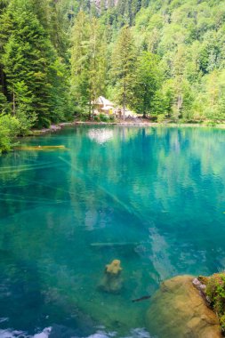 Bernese Oberland, Kandergrund, İsviçre 'deki Blausee Gölü' nde (Mavi Göl) genç bir kızın sualtı heykeli