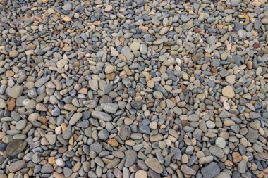 Yumuşak, yuvarlak çakıl taşları dokusu. Çakıl taşı sahili, yakın plan.