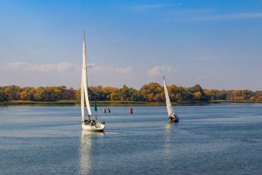 Kremenchug, Ukrayna 'daki Dinyeper Nehri' ndeki yelkenli yarışlarında yatlar