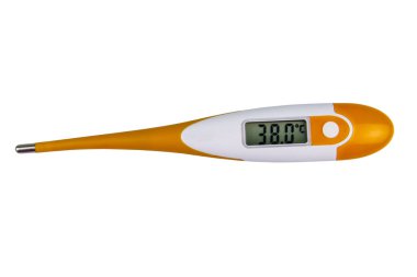 Dijital tıbbi termometre beyaz zeminde yüksek ateş izole edildiğini gösteriyor.