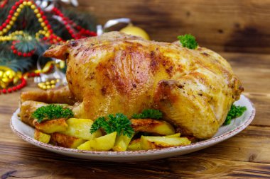 Tavuğun tamamını patates ve Noel süslemeleri ile ahşap bir masada pişirdim.