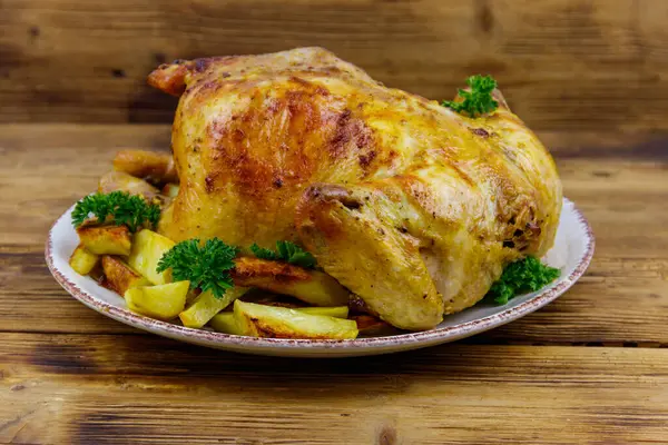 Baked whole chicken with potato on a wooden table