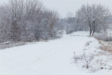 Kar yağarken karlı bir yol. Kış kırsal arazisi