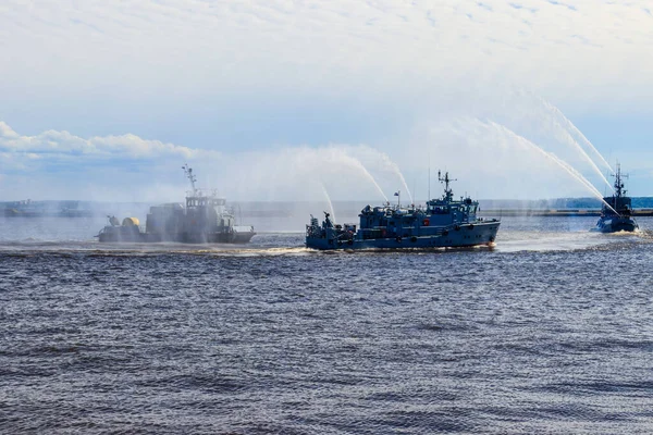 stock image Extinguishing a burning ship during naval exercises