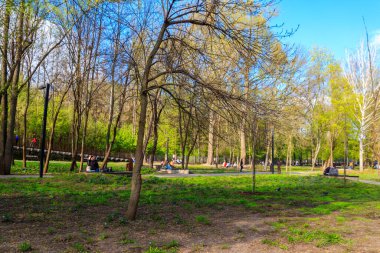 Kharkov, Ukrayna - 5 Mayıs 2021: Ukrayna 'nın Kharkiv kentindeki Sarzhin Yar parkında yürüyen insanlar