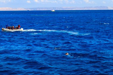 Hurghada, Mısır - 7 Aralık 2018: Kızıldeniz, Mısır 'da turistlerle dolu şişme tekne