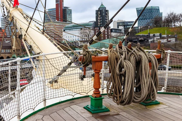 Nautical ropes on a deck of a large  ship