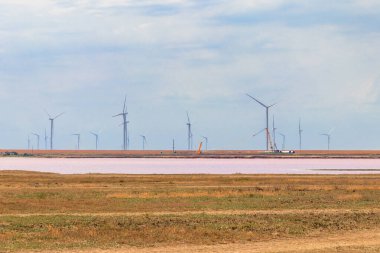 Ukrayna 'nın Kherson bölgesindeki pembe tuzlu Syvash gölünün kıyısında rüzgar türbinleri. Yenilenebilir enerji