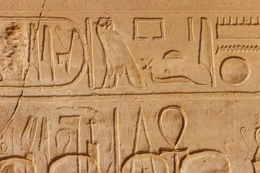 Mısır 'ın Luxor kentindeki Karnak Tapınağı Kompleksi' nin duvarında antik Mısır hiyeroglifleri var.