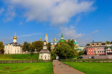 Sergiev Posad, Russia - August 15, 2019: View of Hotel and restaurant complex Russian courtyard and Trinity Lavra of St. Sergius in Sergiev Posad, Russia