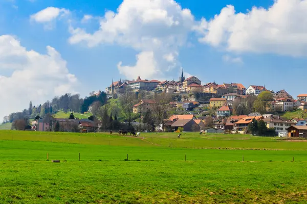 stock image View of old Swiss town Romont, built on a rock prominence, in Freibourg canton, Switzerland