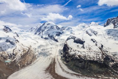 Pennine Alpleri 'nin muhteşem manzarası ünlü Gorner Buzulu ve etkileyici kar tepeli dağları Monte Rosa Massif Zermatt, İsviçre yakınlarında.