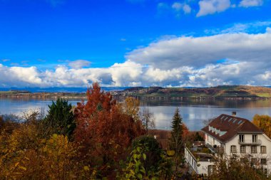 Murten Gölü manzarası Murten şehrinden sonbaharda, İsviçre