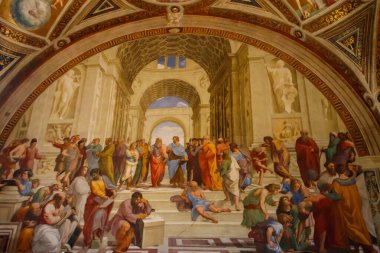 Vatikan - 1 Mart 2023: Atina Okulu, 1509-1511 İtalyan Rönesans sanatçısı Raphael Raphael 'in Vatikan Müzesi' ndeki freski